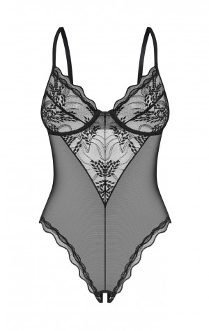 D&aacute;msk&eacute; body Perisia Crotchless Teddy čern&eacute; - Obsessive